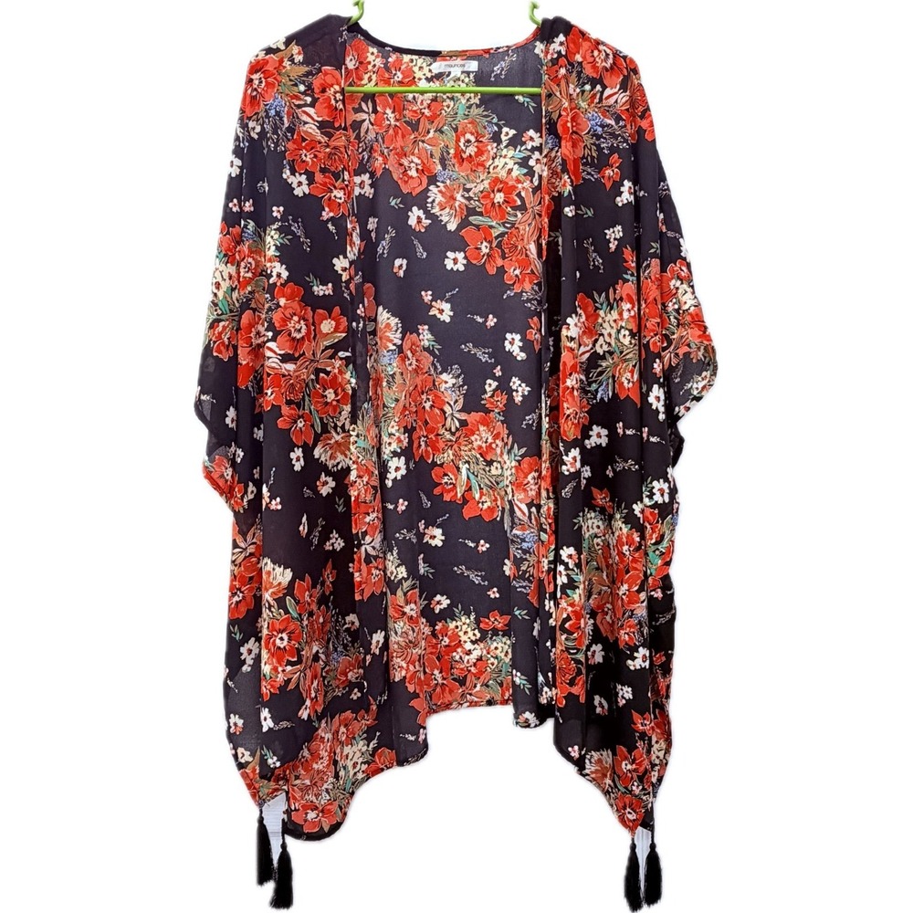 Maurices Black Floral Tassel Hem Kimono One Size Like New